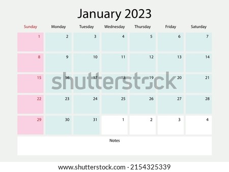 January 2023 year planner template, 2023 calendar template, monthly and yearly planner. organizer's diary. week start Sunday, corporate planner template, 2023 desk calendar, Horizontal layout, vector. Stok fotoğraf © 