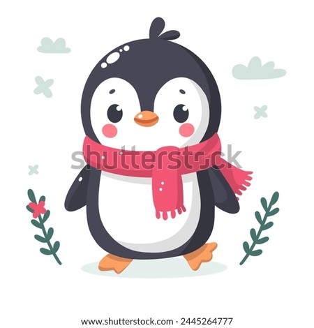 Cute little penguin. Vector flat cartoon illustration isolated on white. Banner, postcard. Penguin awareness day. World Penguin Day, Inscription, signed picture. Character, Antarctic animal, Polar.