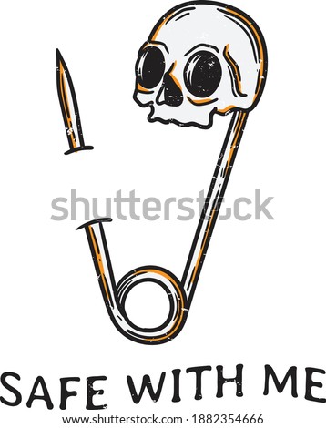 vintage illustration safety pin with the head of the skull stuck in