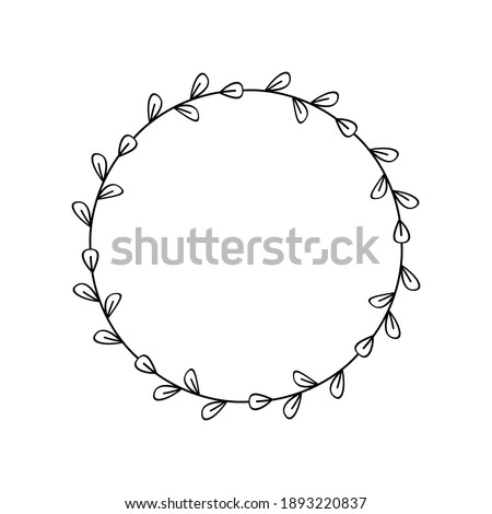 Simple elegant wreath of twigs with leaves. Minimalism. Circle with linear leaves. Nice frame. Design template for logo, tags, farmhouse decoration. Vector plant border. Black outline drawing on white