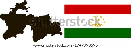 Black contour map of Tajikistan with national flag