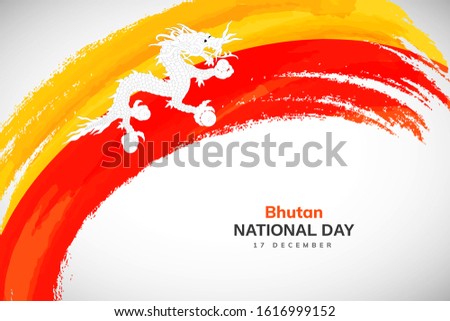 Bhutan flag made in watercolor brush stroke background. Independence day of Bhutan. Creative Bhutan national country flag icon. Abstract watercolor painted grunge brush flag background.