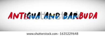 Antigua and Barbuda flag on text typography. Country name banner script. Elegant typography background.