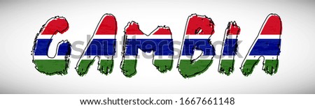 Gambia flag on text typography. Country name banner strip. Elegant typography background.