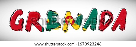 Grenada flag on text typography. Country name banner strip. Classic typography background.