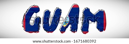 Guam flag on text typography. Country name banner strip. Modern typography background.