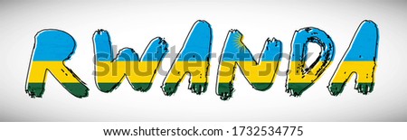 Rwanda flag on text typography. Country name banner strip. Creative typography background