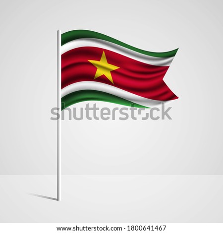 Realistic Suriname country flag waving in wind. Abstract country flag with flagpole isolated on grey background