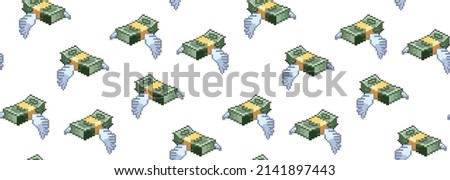8 bit pixel dollars. pack of cash money bills with wings. vector illustration. cartoon drawing. white background. isolated object. seamless pattern
