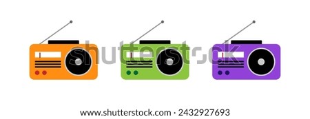 Set of colorful radios. Flat design. Cartoon drawing. Vector illustration. White background. Isolated object