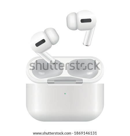 Truly Wireless Earbuds Vector Art White on Transparent Background. Noise Cancelling Headphones with Case.