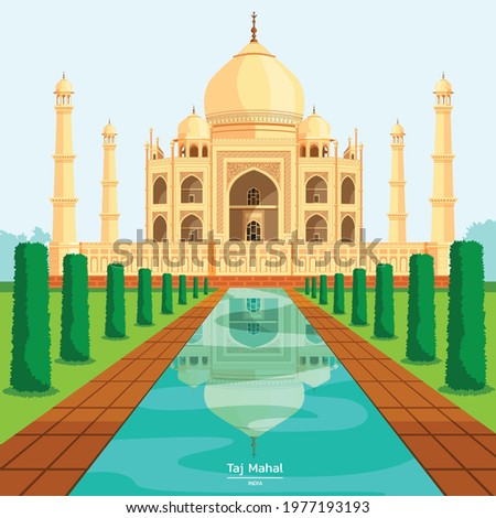 The Taj Mahal. White marble mausoleum. Ancient Palace. Illustration of front view of taj mahal with lake and garden. Uttar Pradesh India. Vector illustration. 