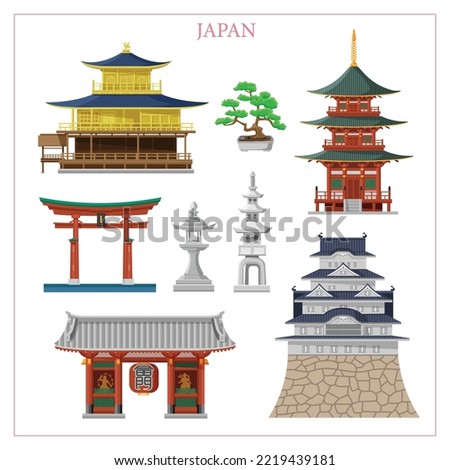 Japan famous landmarks travel, shrine, castle, temple. Illustration of the city of Tokyo.