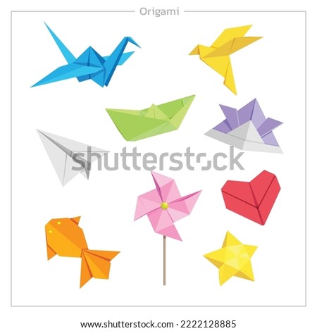 Japanese origami flat illustration set. bird, fish, plane, heart, boat, star. isolated cartoon set icon origami.
