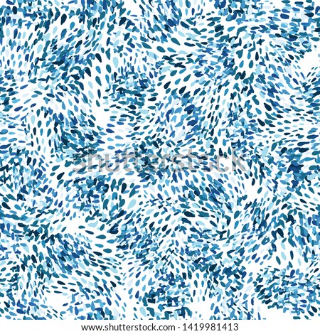 Hand drawn blue chaotic dots seamless pattern. Abstract shapes background. Design for fabric, textile print, wrapping paper, children textile. Vector illustration