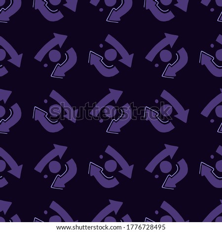 Dark tones seamless pattern with arrows symbol. Purple elements and black background. Designed for wrapping paper, wallpaper, textile, fabric. Vector illustration.