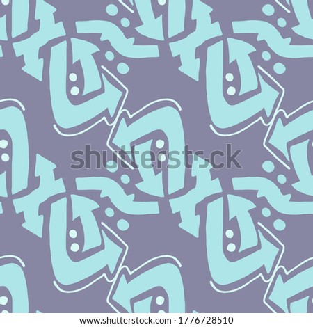 Pastel seamless pattern with arrows symbol. Geometric figures in blue color on purple background. Perfect for wrapping paper, wallpaper, textile, fabric. Vector illustration.