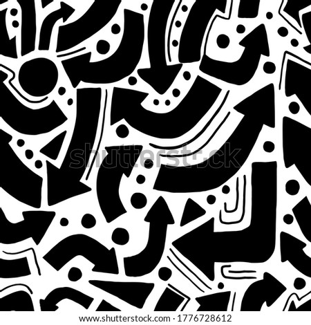 Geometric abstract monochrome arrow symbol seamless pattern. Black elements with white background. Simple backdrop. Designed for wrapping paper, wallpaper, textile, fabric. Vector illustration.