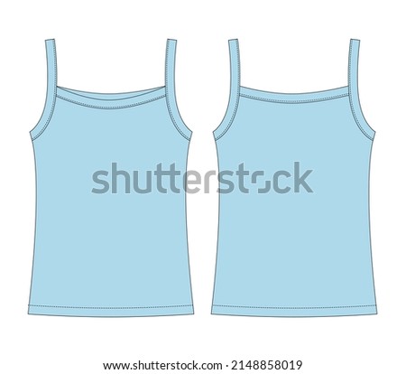 Baby sleeveless tank top with straps technical sketch. Children outline undershirt. Sky blue color. Back and front view. Front and back view. CAD fashion design. Vector illustration