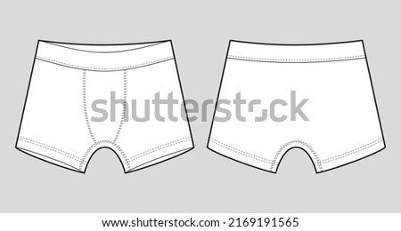 Men underpants. Technical sketch children's boxer shorts underwear. Front and back view. CAD fashion design. Vector illustration
