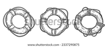 Set of lifebuoy with rope isolated sketch. Hand drawn life ring in engraving style collection. Vintage vector illustration