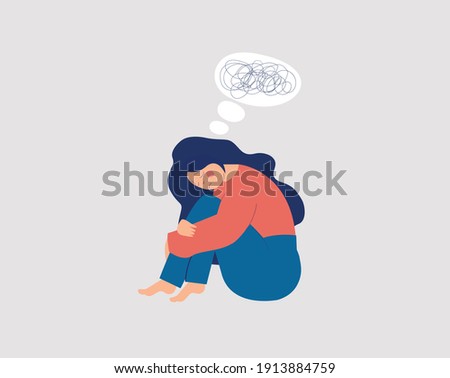 Sad character girl sitting and hugging her knees. Young woman suffer from dementia or loss memory. Amnesia depression concept. Struggling against mental disorder or Alzheimer. Vector illustration.