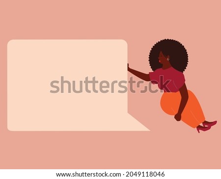 Confident woman sits next to a big speech bubble. Young American businesswoman holds a square conversation bubble. Feminism, women empowerment, freedom of speech, chatting concept. Vector illustration