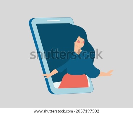 Vulnerable woman runs out of her cellphone. Girl feels solitude and loneliness on social media through mobile. Online network influence on mental health and psychological wellness. Vector illustration