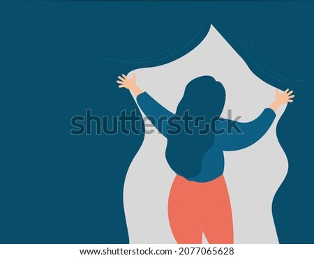 Young woman in back view opens a curtain to discover the truth. A girl opens a cover to see the light. Female with mental illness looks for a solution. Psychological problems, future planning concept.