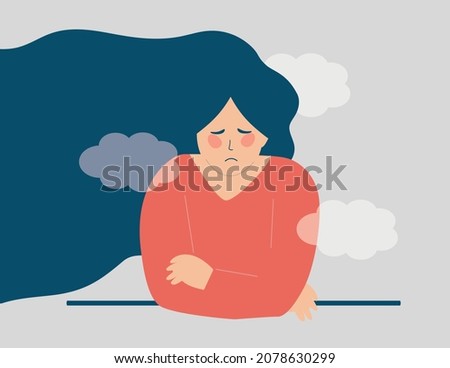 Depressed Young woman with a clouded mind feels sad. Stressed teenager girl suffers from Alzheimer, dementia or amnesia. Mental health disorders, anxiety, depression concept. Vector illustration.