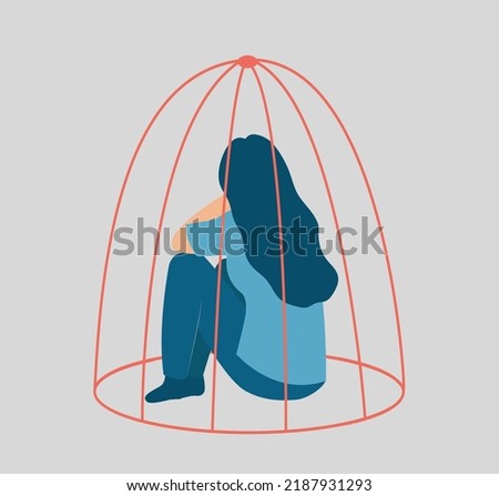 Sad woman locked inside a cage. Influence of drug addiction on mental health. Prisoner girl suffers from Inequality. Concept of restrictions on human rights or freedoms in society. Women's empowerment