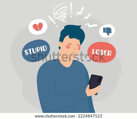 Sad man suffers from bullying, scorn and contempt on the internet. Peers engage in bullying behavior towards a teenage boy. Cyberbullying and bad influence on social media concept. 