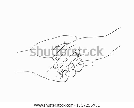 man putting engagement  ring on woman hand, outdoor. marriage proposal. Graphic vector illustration. Line art, Sketch. Wedding ring. Hand draw vector illustration