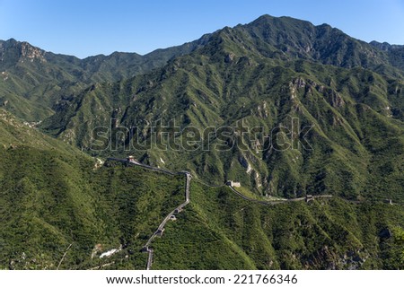 China, Juyongguan. Mountain landscape with a portion of the Great Wall of China
