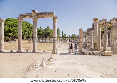EPHESUS, TURKEY - JUN 28, 2014: Photo of Roman Agora.  Ephesus is a candidate for inscription on the World Heritage list of UNESCO