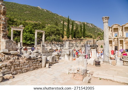 EPHESUS, TURKEY - JUN 28, 2014: Photo of ancient ruins at Library Square, Roman period. Ephesus is a candidate for inscription on the World Heritage list of UNESCO
