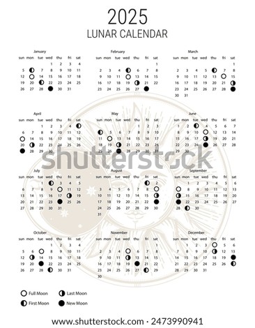 Moon calendar for 2025 year. lunar calendar. banner, card, poster vector illustration