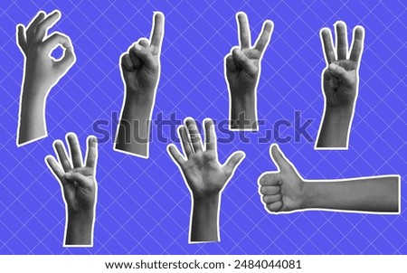 Hands counting on fingers. Grunge, halftone. set of different hands. Vector collage art. halftone collage