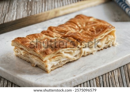 Similar – Image, Stock Photo Apricot pie in tray freshly baked. Top view of pie with a lattice crust