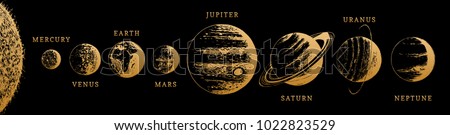 Solar system infographics in vector. Hand drawn illustration of The Sun and eight planets on black background.