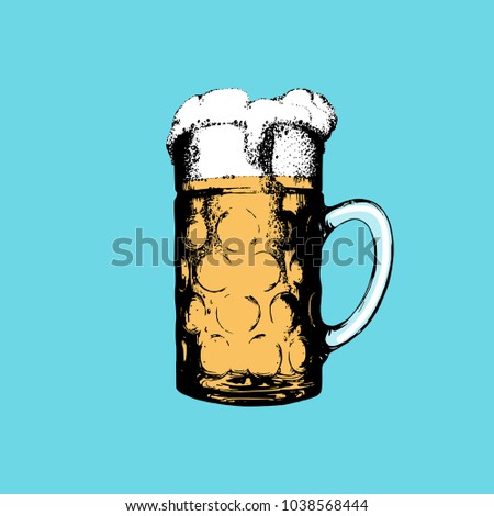 Oktoberfest symbol on turquoise background. Hand drawn illustration of glass mug for poster, label or badge. Vector beer festival sign.