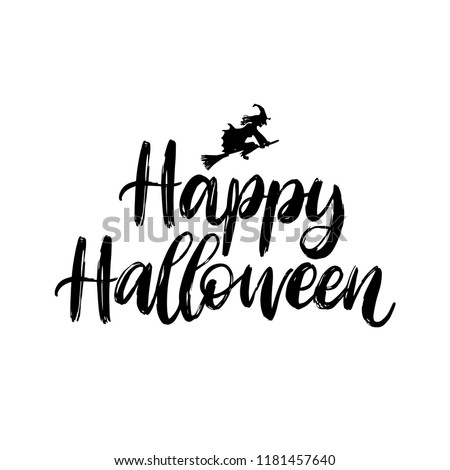 Happy Halloween, hand lettering. Vector illustration of witch on white background.  Design concept for party invitation, greeting card, poster.