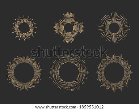 Sun rays linear drawings on black backgound. Hand drawn sunburst halos illustration set in vector.