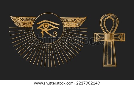 The Eye of Horus and the Ankh, vector illustrations in engraving style, vintage esoteric and occult signs, drawn magical and mystical symbols, wedjat eye and Key of life
