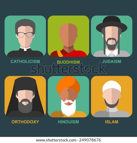 Vector set of different confession man. People of different religion in traditional clothing in trendy flat style. Islam, judaism, buddhism, orthodox, catholic, hinduism icons
