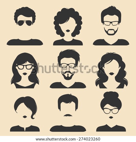 Vector set of different male and female icons in trendy flat style. People heads and faces images collection.