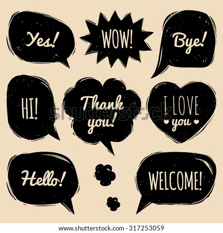Vector set of speech bubbles in comic style. Hand drawn set of dialog windows with phrases: Hi, Hello, Thank you, Yes, Wow, Bye, Welcome, I love you.