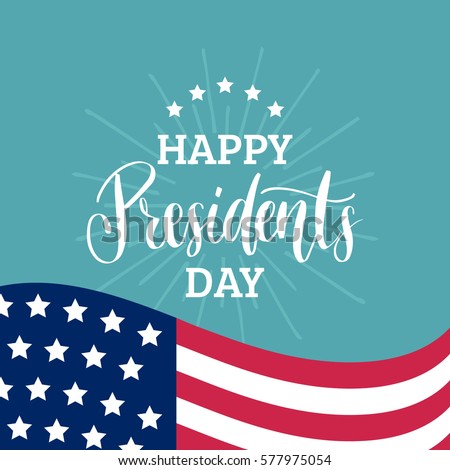 Vector Presidents Day card. National american holiday illustration with USA flag on rays and stars background. Festive poster or banner with hand lettering. 