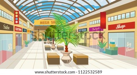 Shopping mall corridor with panoramic roof. Modern boutiques in mall with plants and benches. Shopping center concept. Vector illustration can be used for topics like consumerism, retail, precinct