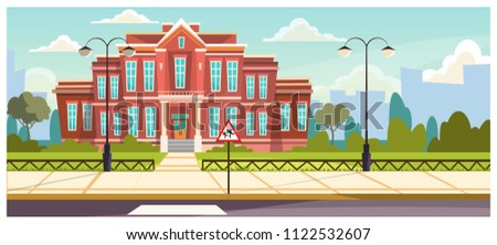 School building with small fence around. Brick building near road and warning sign. Education concept. Illustration can be used for topics like architecture, learning environment, boarding school